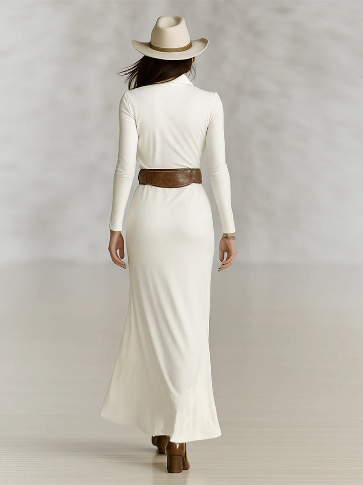 Lapel Long Sleeve Maxi Dress with Waist-Tightening Design (Belt Not Included)
