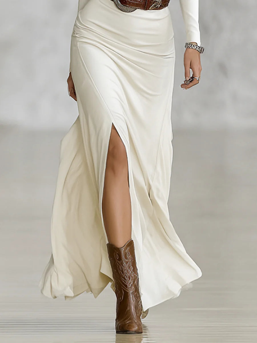 Lapel Long Sleeve Maxi Dress with Waist-Tightening Design (Belt Not Included)