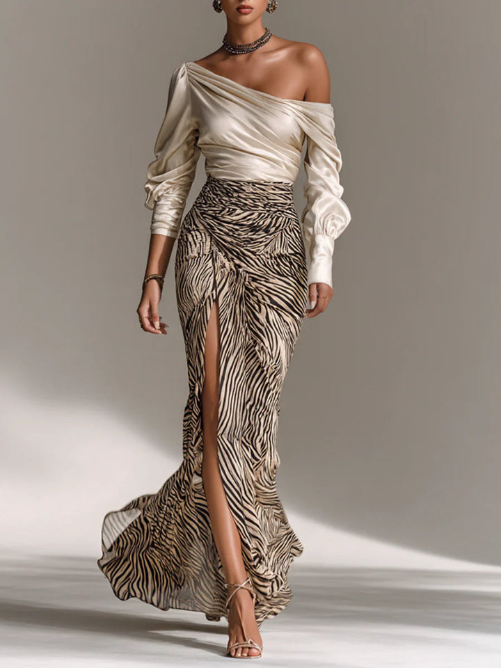 Two-Piece Set: Off-the-Shoulder Satin Top with Zebra-Print Slit Skirt