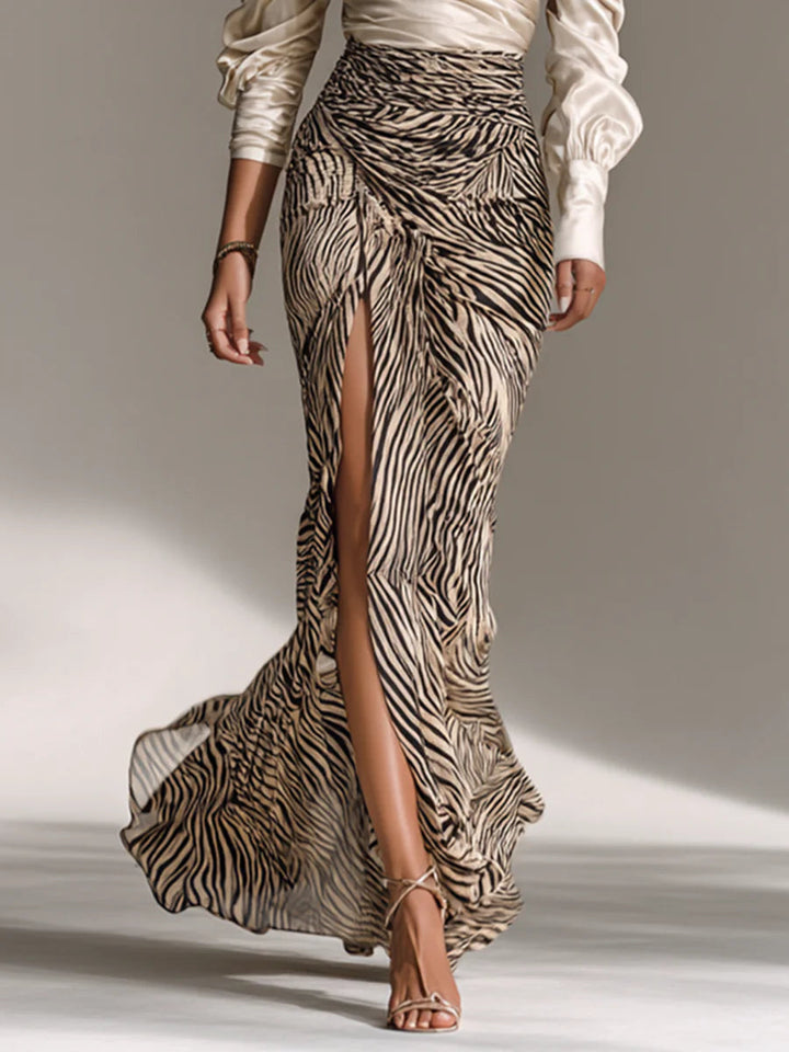Two-Piece Set: Off-the-Shoulder Satin Top with Zebra-Print Slit Skirt