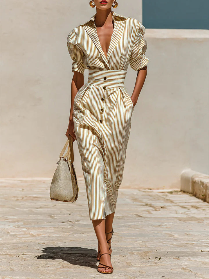 Striped Midi Dress with Short Sleeves and Lapel Collar