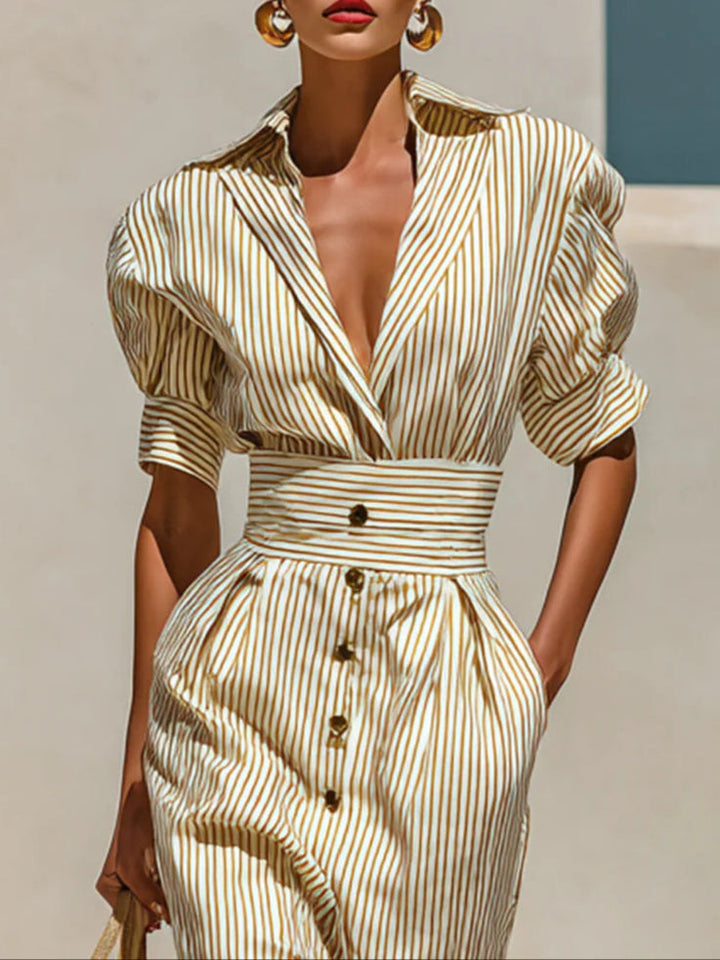 Striped Midi Dress with Short Sleeves and Lapel Collar