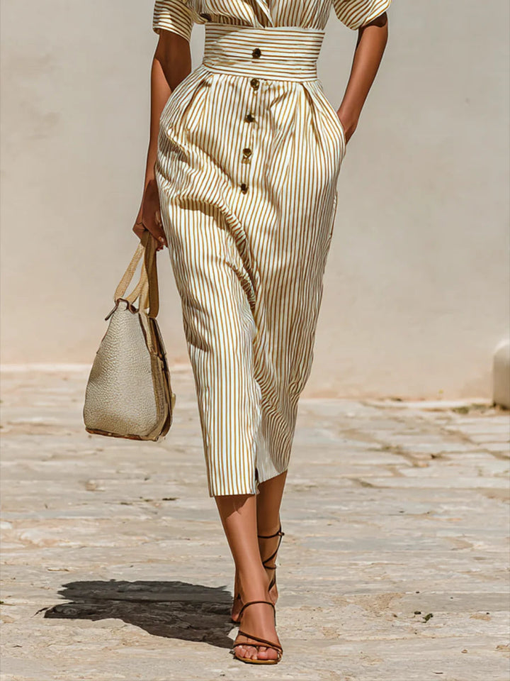 Striped Midi Dress with Short Sleeves and Lapel Collar