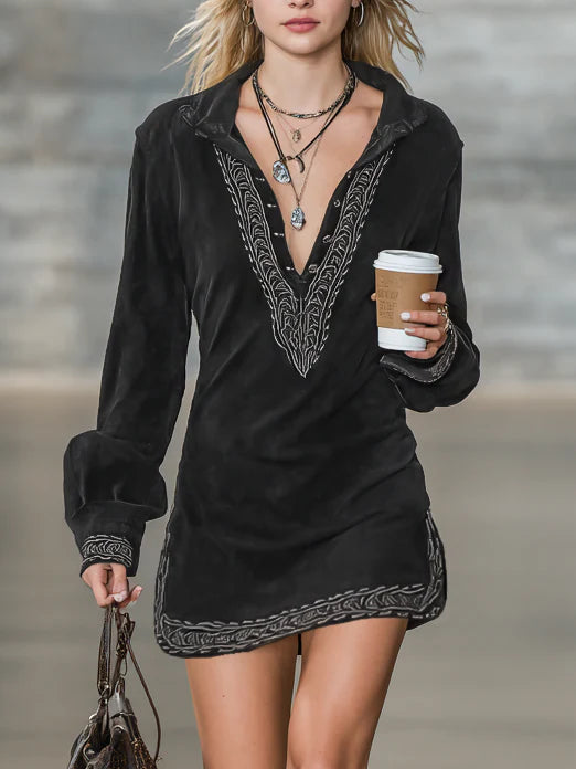 Embroidered Mini Dress with Faux Suede Shirt Collar