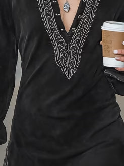 Embroidered Mini Dress with Faux Suede Shirt Collar