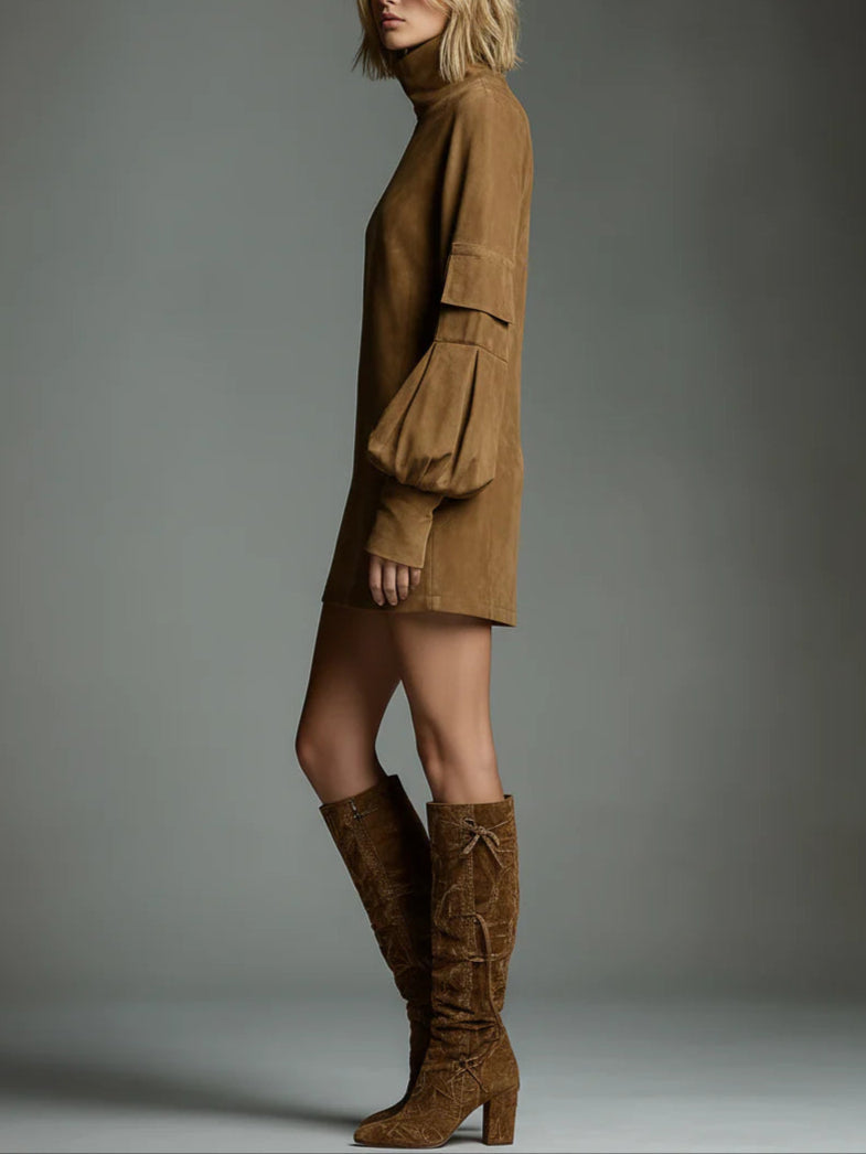 Retro Oversized Suede Turtleneck Mini Dress