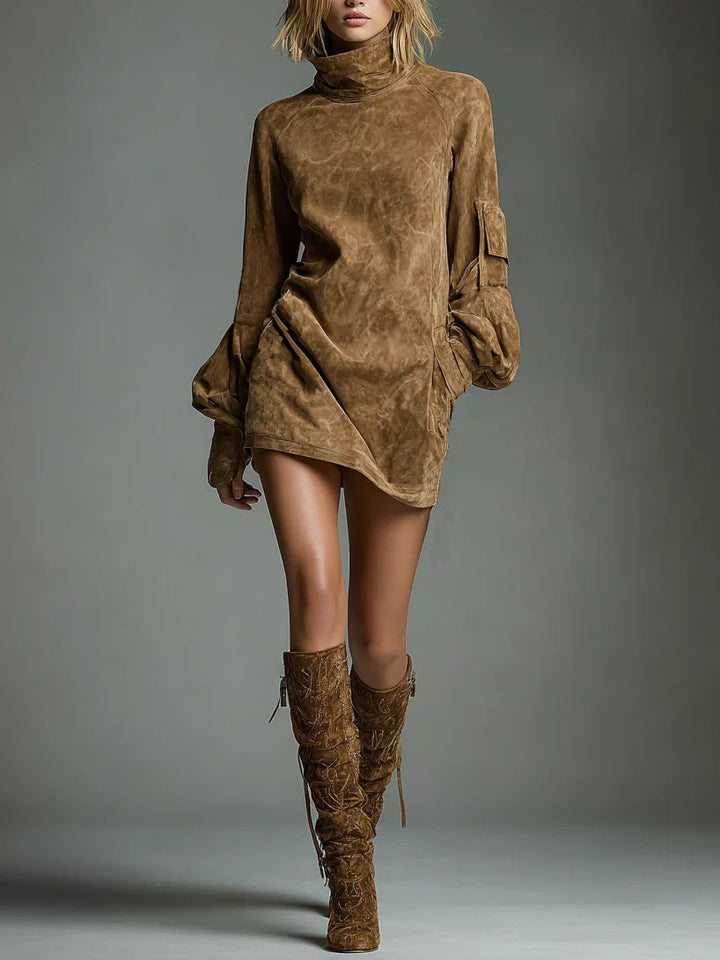 Retro Oversized Suede Turtleneck Mini Dress