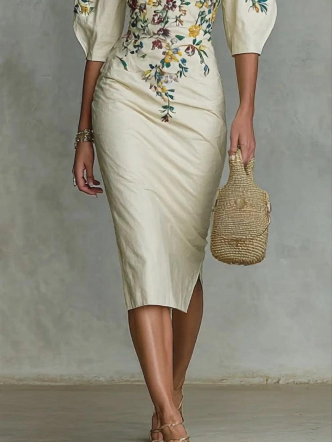 Floral Print Mid-Sleeve Dress with Slit for Women