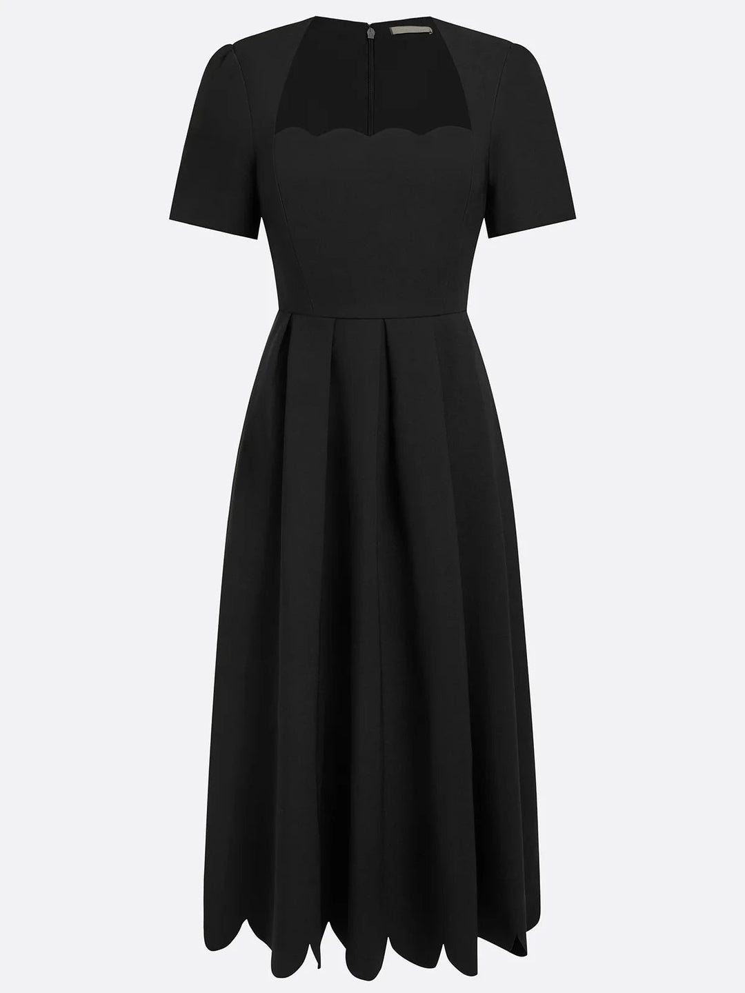 Black A-Line Midi Dress with Classic Square Neck and Unique Short Sleeve Design