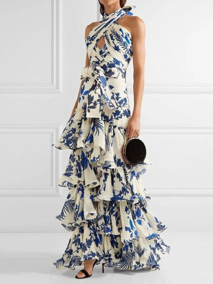 Floral Halter Neck Backless Maxi Dress with Layered Ruffles in Blue and White