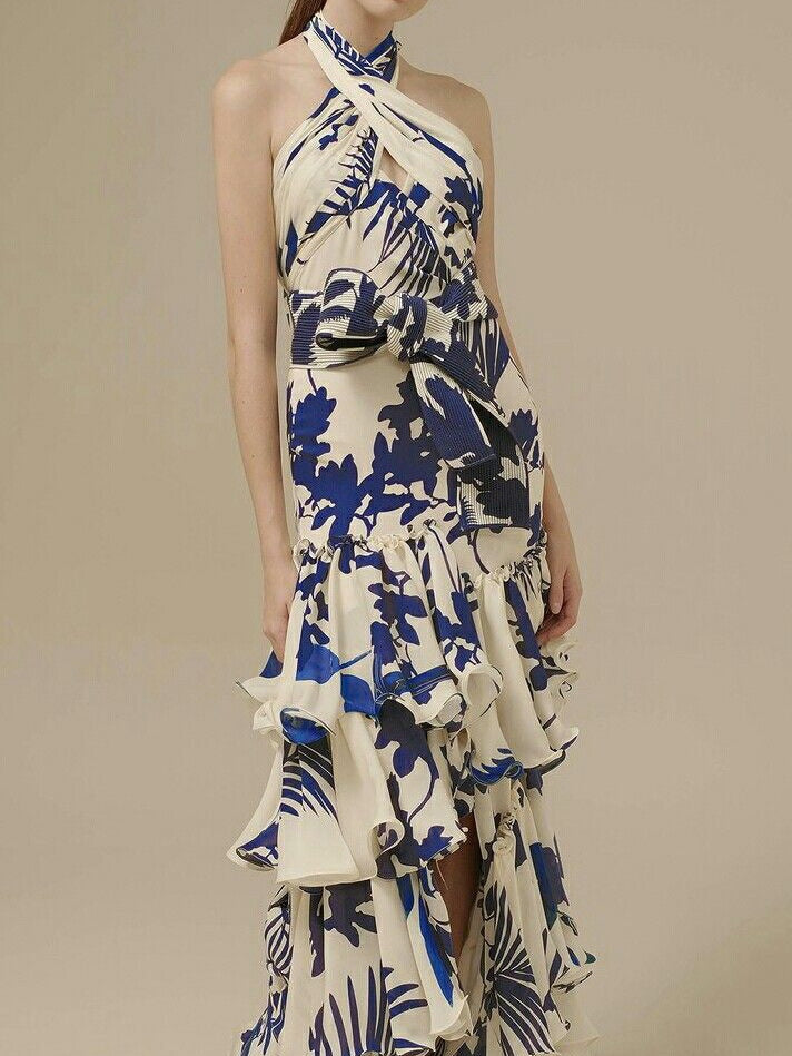 Floral Halter Neck Backless Maxi Dress with Layered Ruffles in Blue and White