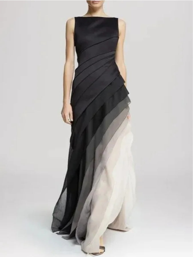 Black High-Waisted Tulle Sleeveless Gradient Maxi Dress