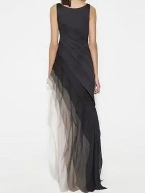 Black High-Waisted Tulle Sleeveless Gradient Maxi Dress