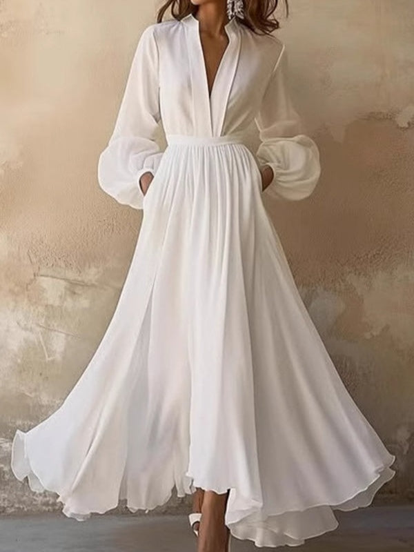 White Maxi Dress with V-Neck and Ruffled Lantern Sleeves