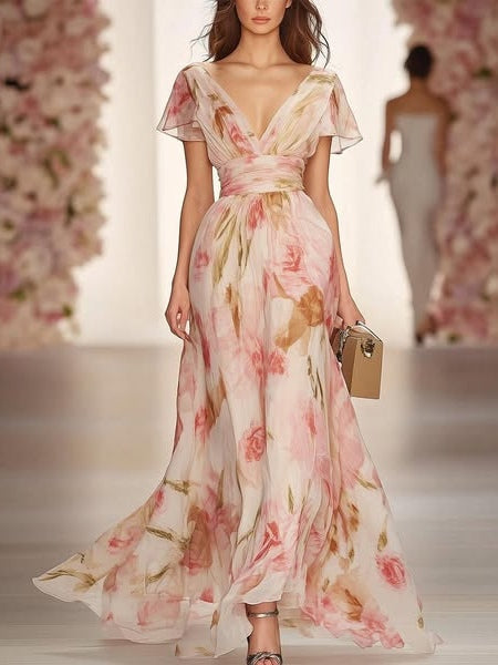 Casual Maxi Dress with Floral Print and V-Neck Short Sleeves