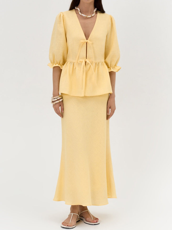 Yellow V-Neck Mid-Sleeve Top with High-Waisted Linen Skirt Set