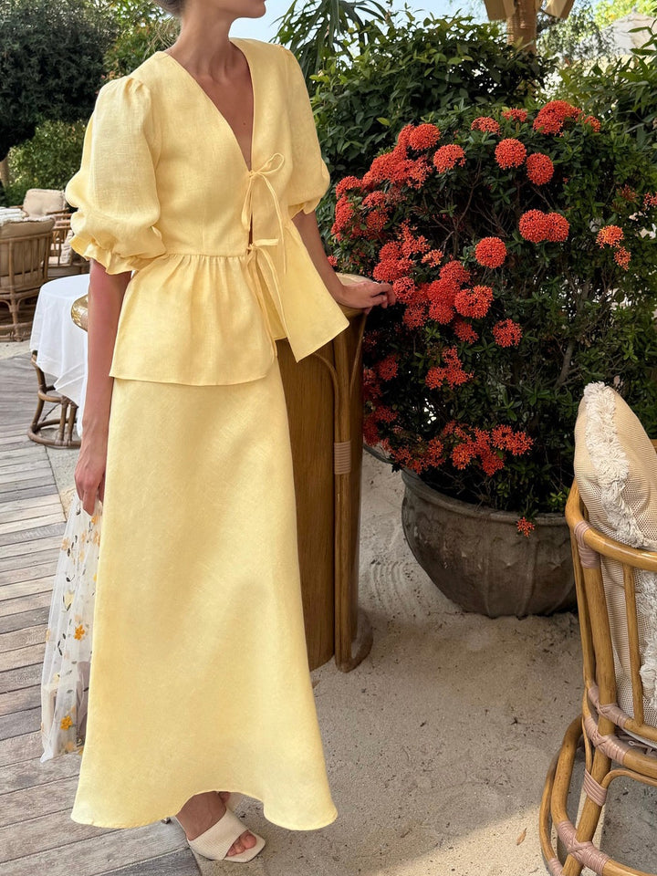 Yellow V-Neck Mid-Sleeve Top with High-Waisted Linen Skirt Set