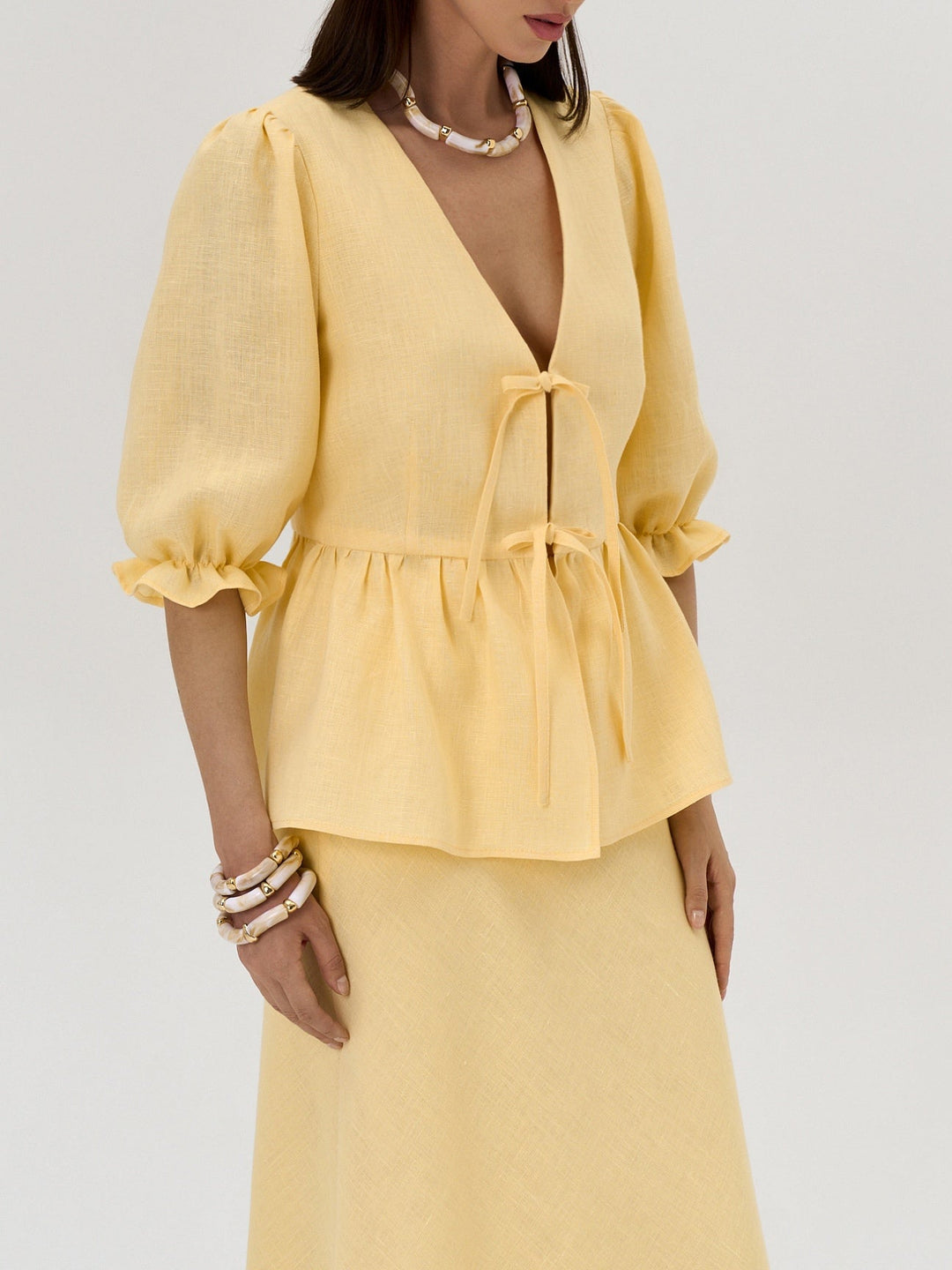 Yellow V-Neck Mid-Sleeve Top with High-Waisted Linen Skirt Set