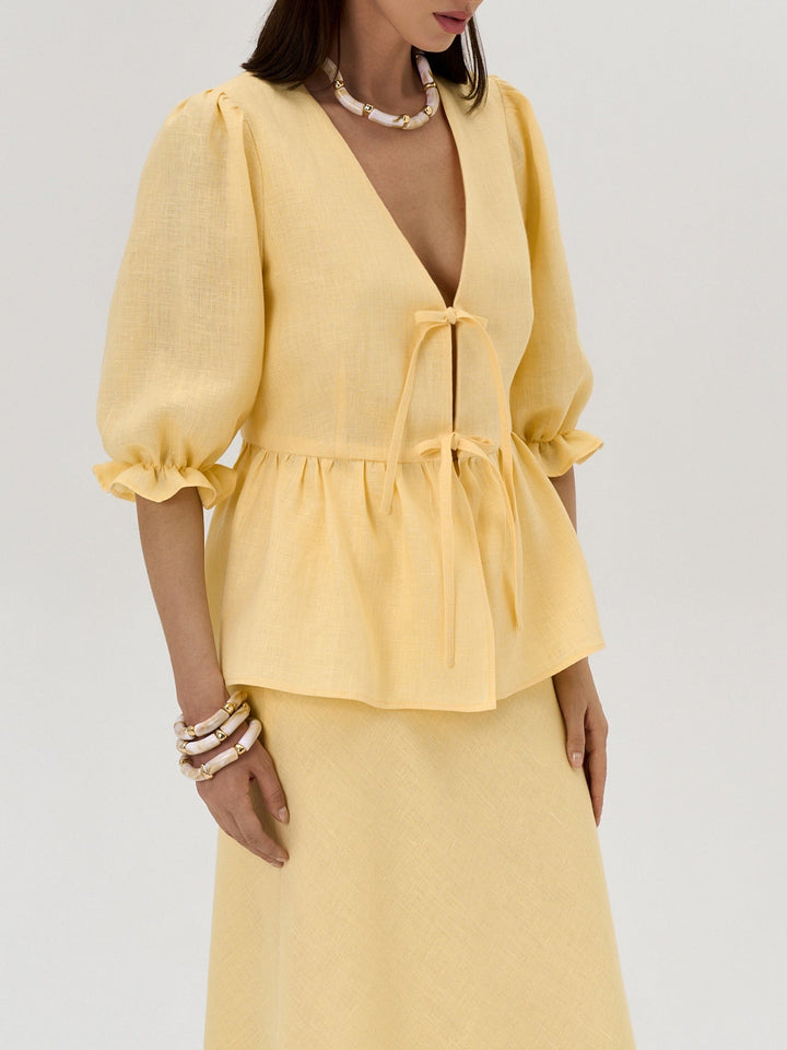 Yellow V-Neck Mid-Sleeve Top with High-Waisted Linen Skirt Set