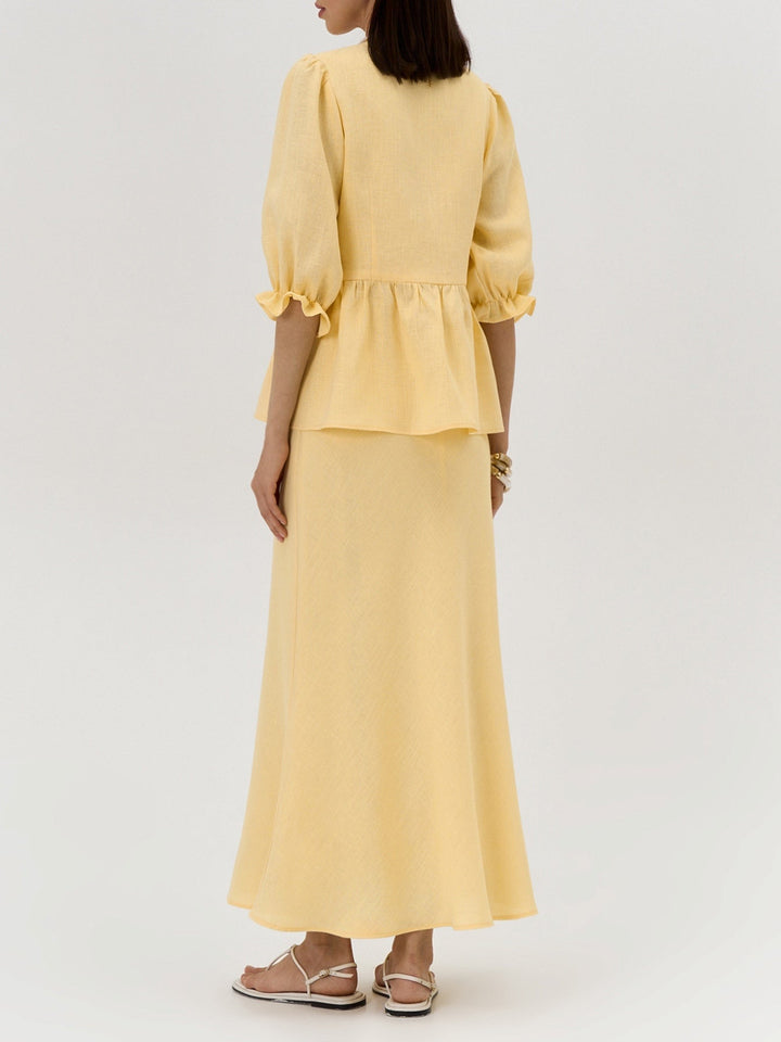 Yellow V-Neck Mid-Sleeve Top with High-Waisted Linen Skirt Set