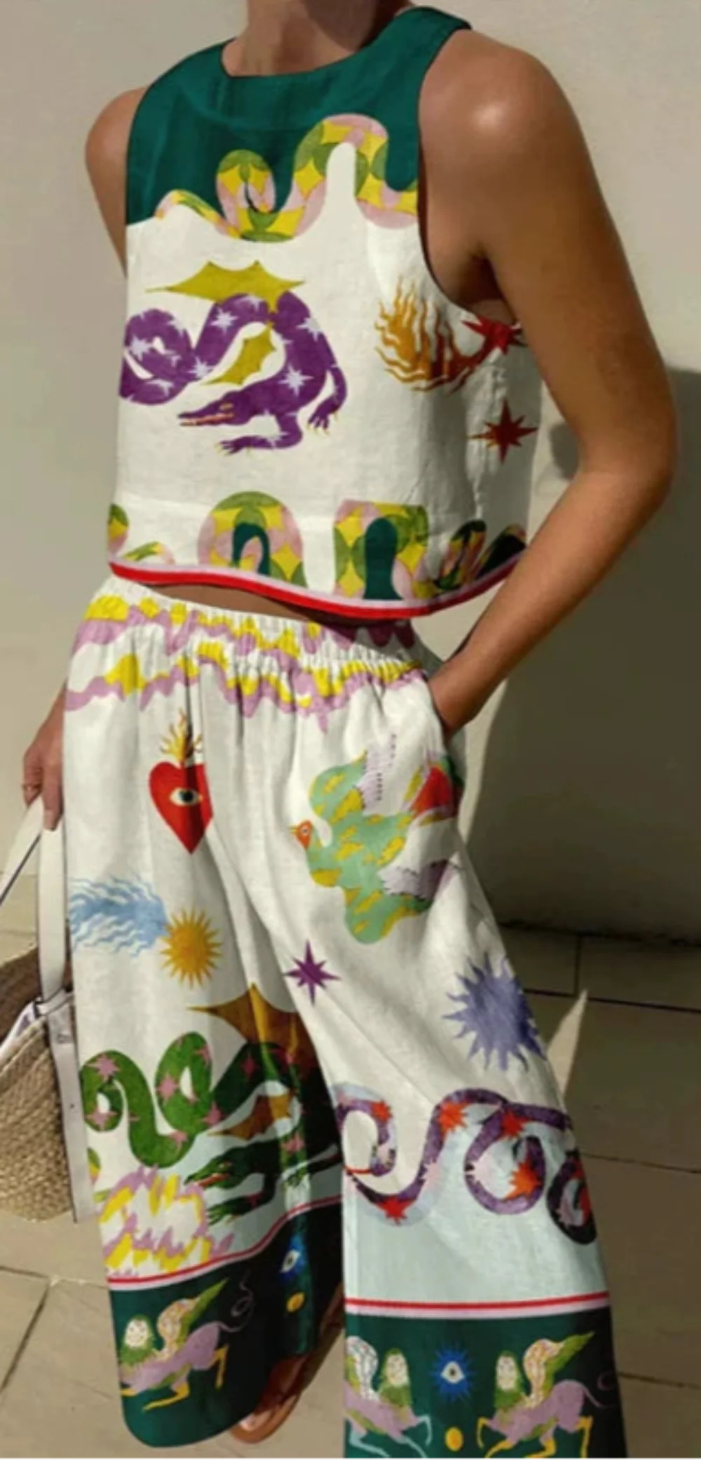 סט גופייה מודפסת ייחודית ומכנסיים עם כיסים מותניים אלסטיים