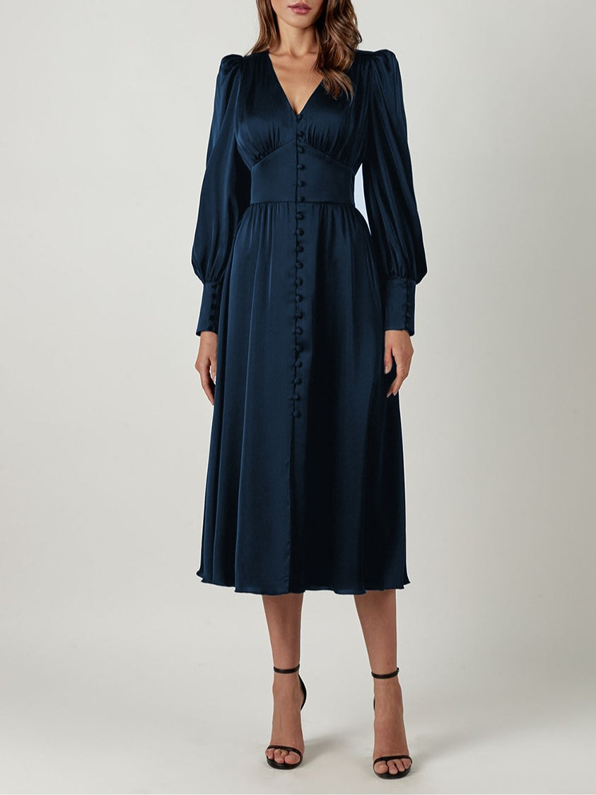 שמלת מידי עם צווארון וי מסאטן ושרוולי בלון