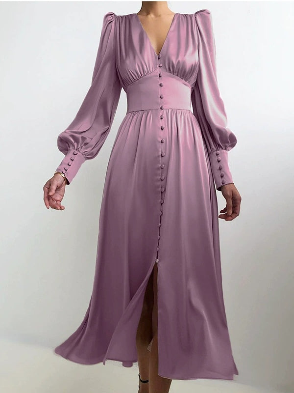 שמלת מידי עם צווארון וי מסאטן ושרוולי בלון