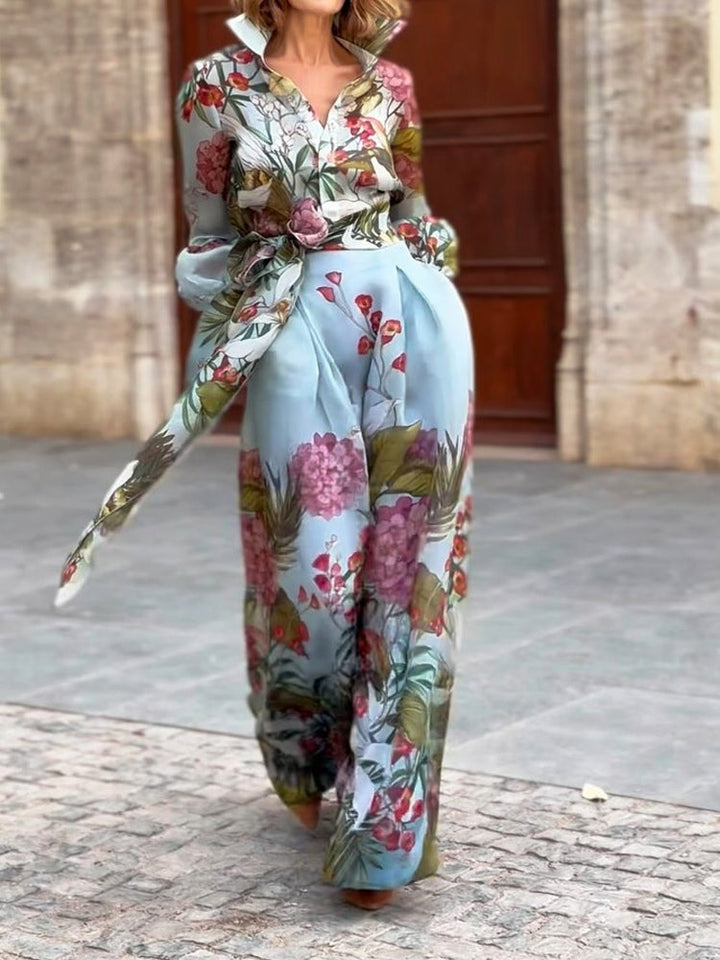 סט חולצה וחצאית שני חלקים עם הדפס פרחוני אופנתי