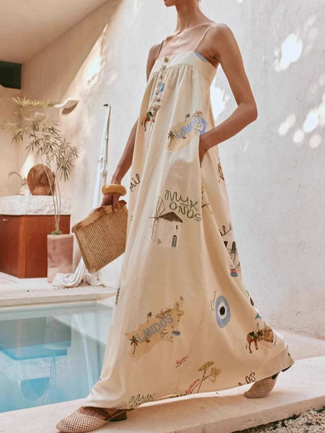 שמלת מקסי מודפסת עם מחשוף מרובע ללא כתפיות