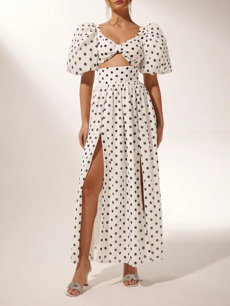 Polka Dot Puff Sleeve Square Neck Top & Side Slit Skirt Set