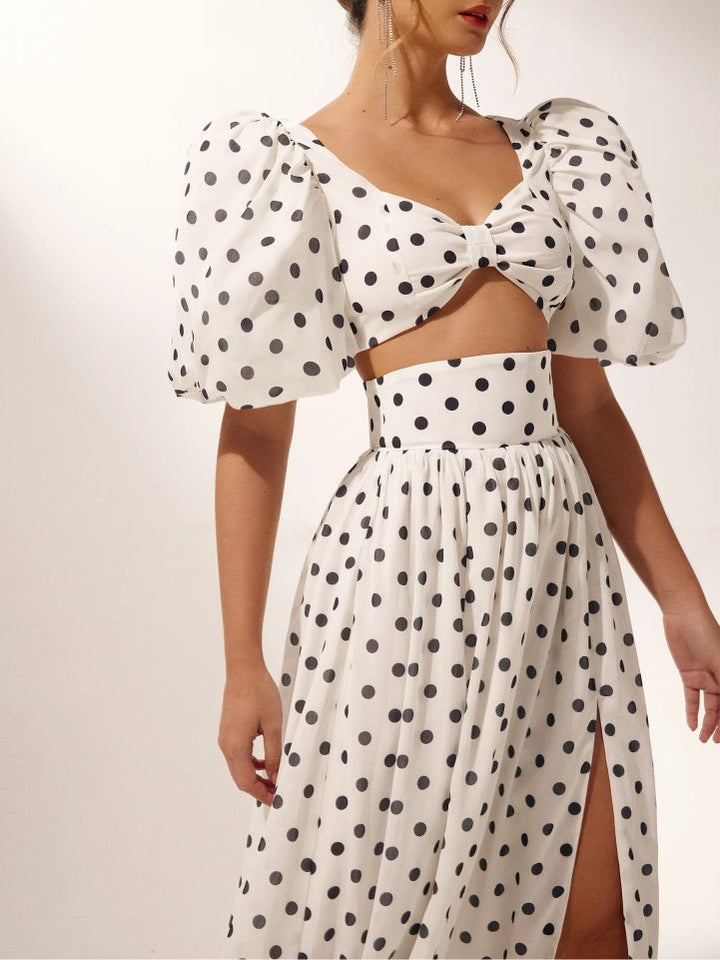Polka Dot Puff Sleeve Square Neck Top & Side Slit Skirt Set