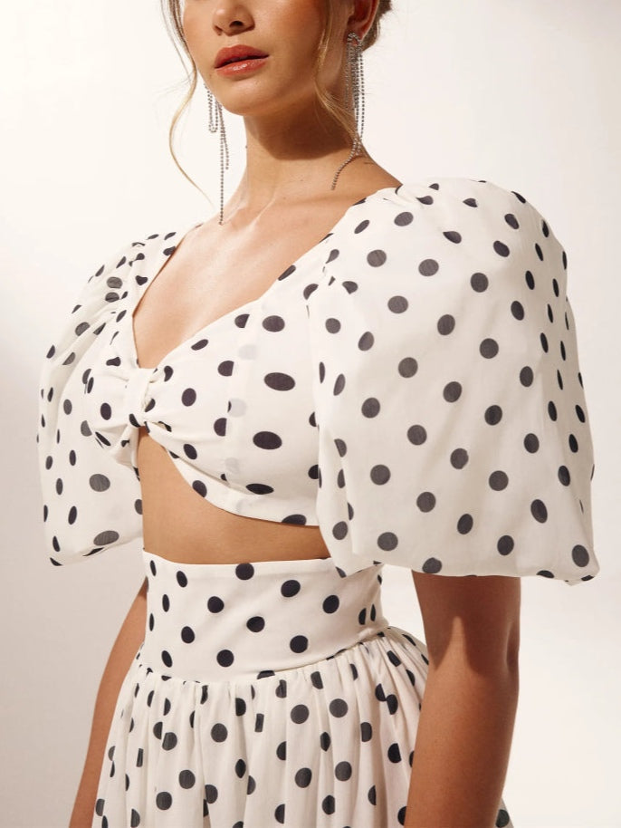 Polka Dot Puff Sleeve Square Neck Top & Side Slit Skirt Set
