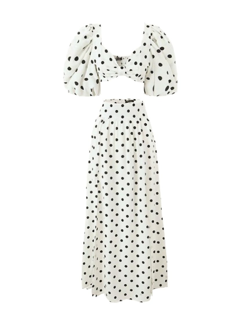 Polka Dot Puff Sleeve Square Neck Top & Side Slit Skirt Set