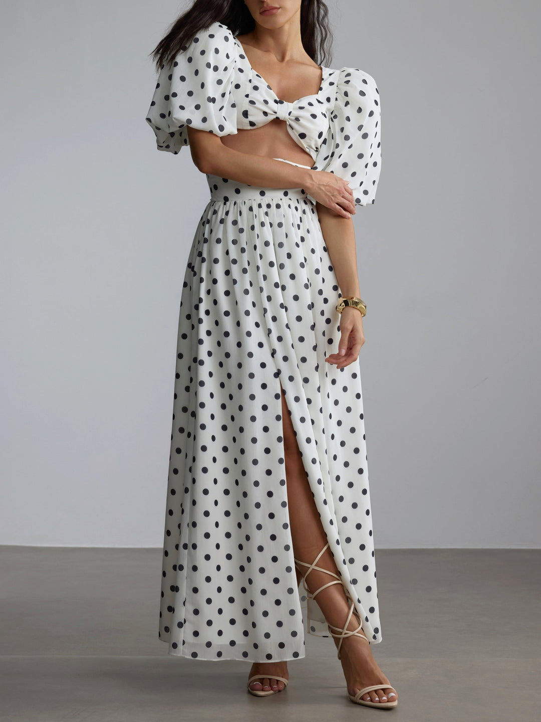 Polka Dot Puff Sleeve Square Neck Top & Side Slit Skirt Set
