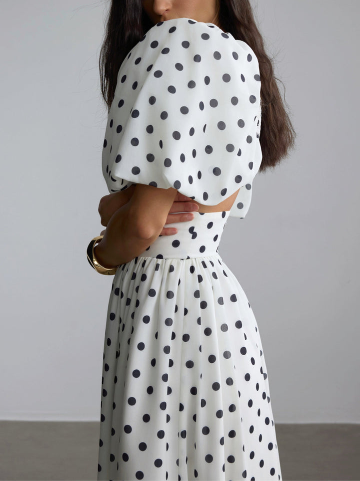 Polka Dot Puff Sleeve Square Neck Top & Side Slit Skirt Set