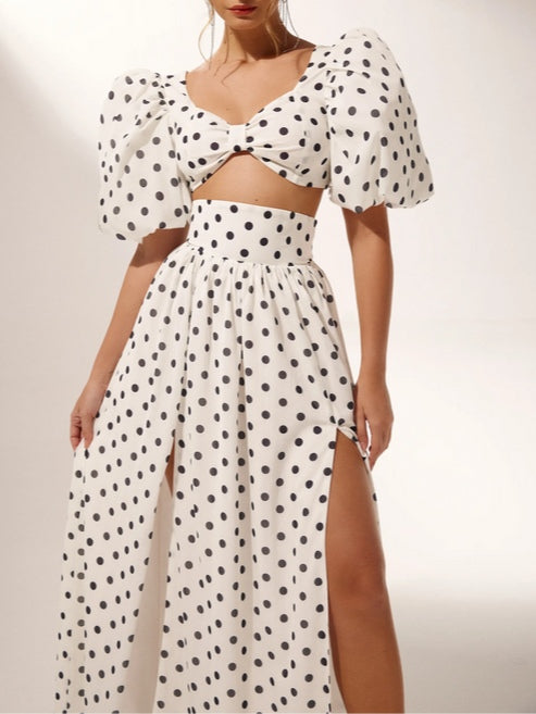Polka Dot Puff Sleeve Square Neck Top & Side Slit Skirt Set