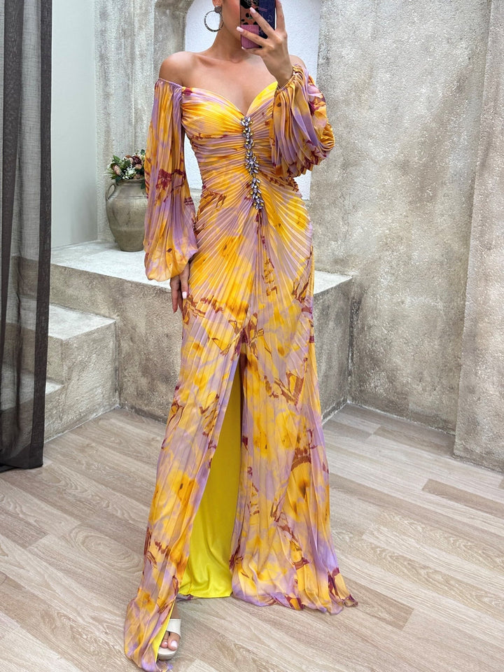 Off-the-Shoulder Pleated Maxi Dress with Diamond Accents and Side Slit