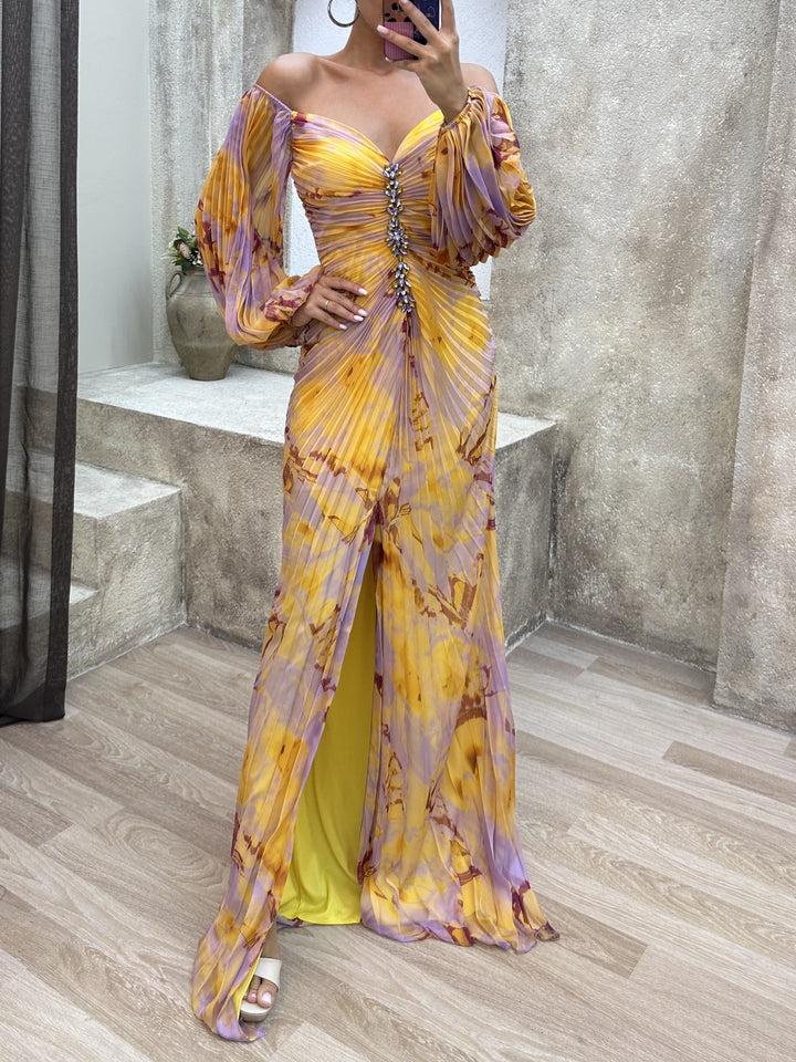 Off-the-Shoulder Pleated Maxi Dress with Diamond Accents and Side Slit