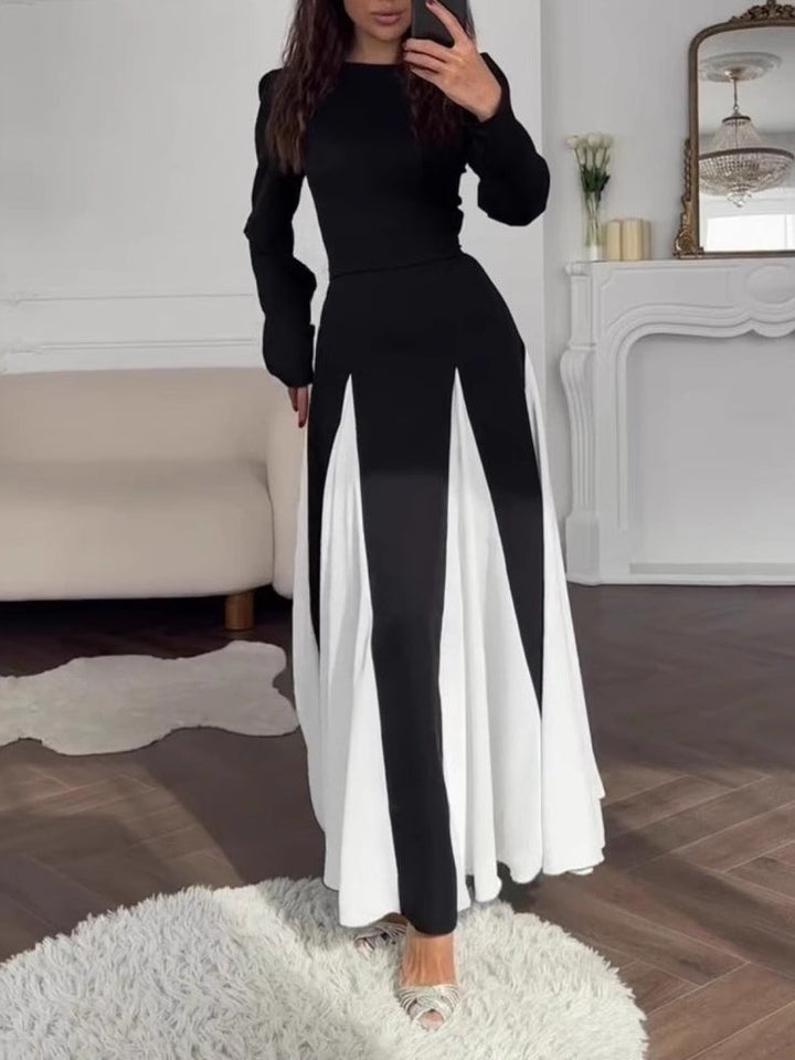 Chic Black and White Colorblock Long Sleeve Dress with Round Neck and Waist Detail