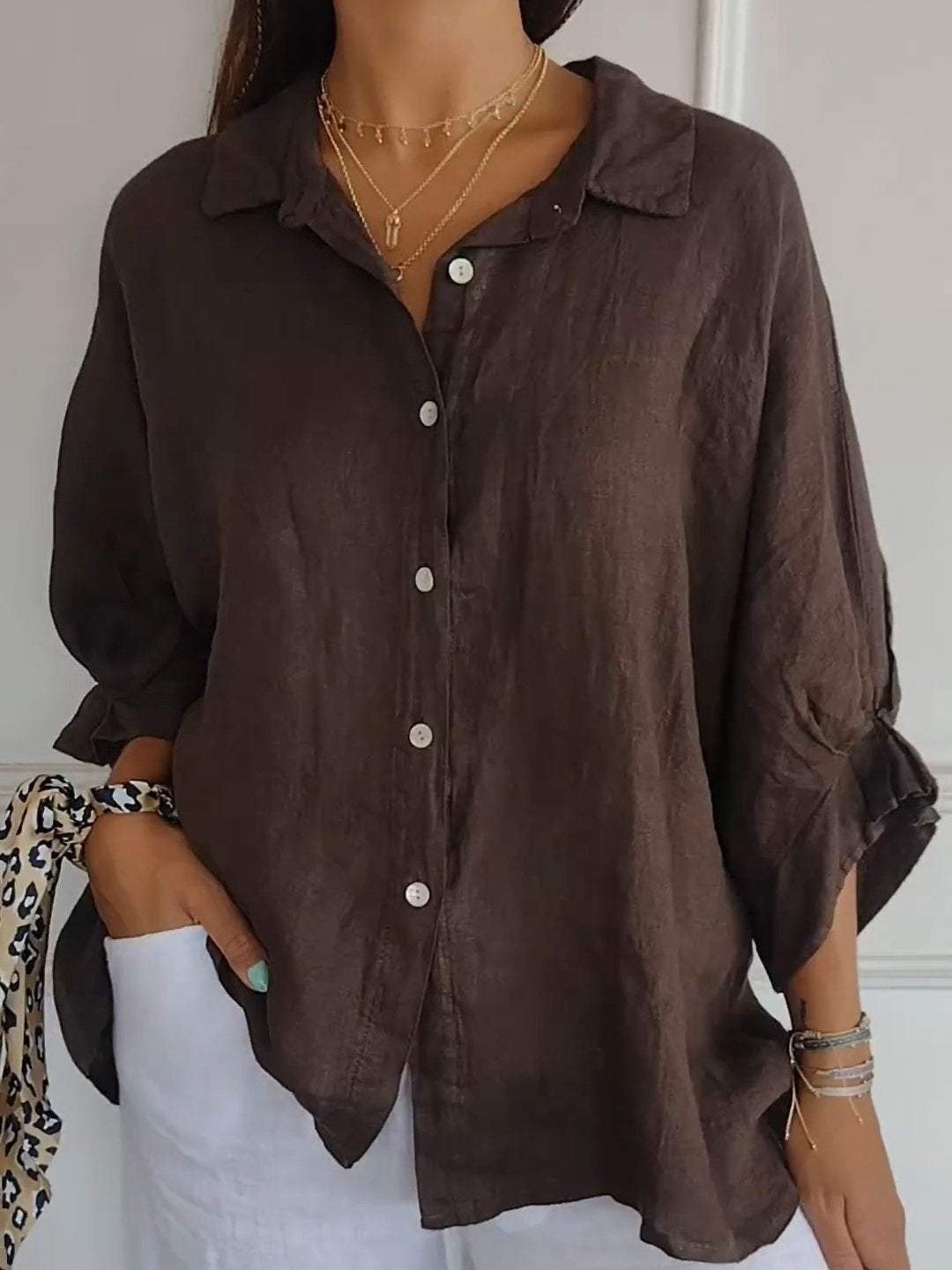 Solid Color Casual Shirt in Cotton and Linen Blend