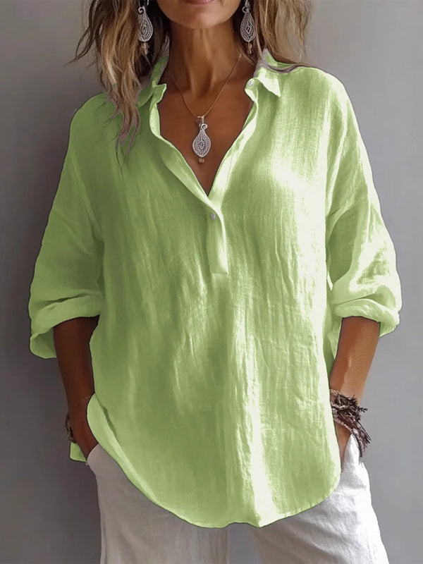 Relaxed Fit Long Sleeve V-Neck Linen Shirt