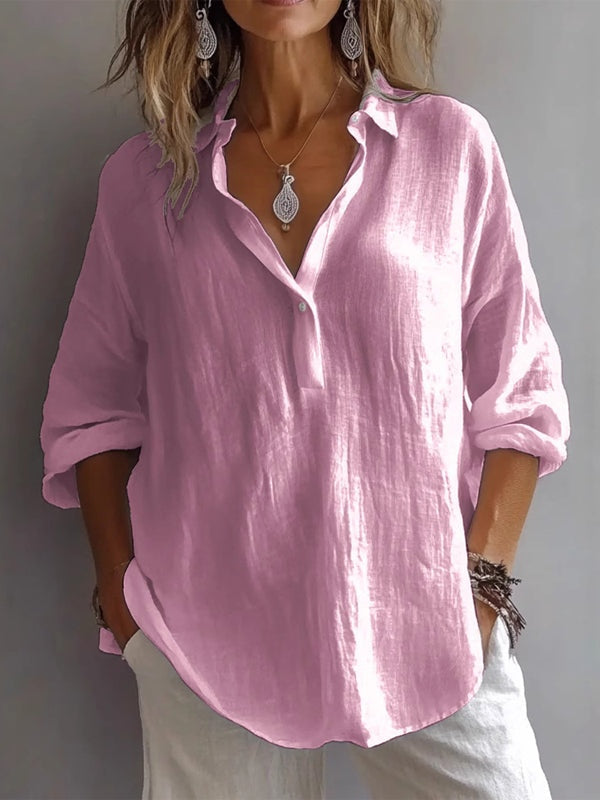 Relaxed Fit Long Sleeve V-Neck Linen Shirt