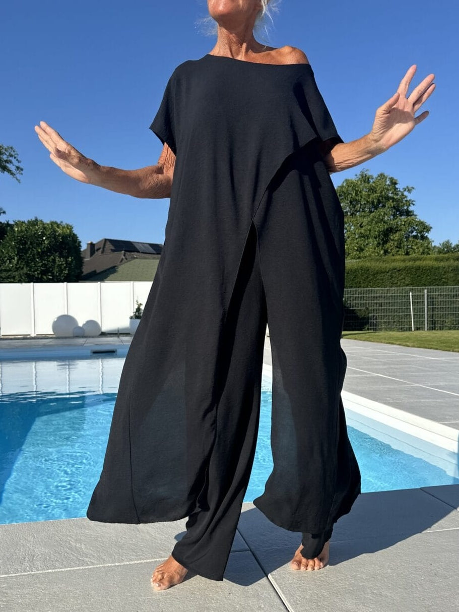 סט מכנסיים רחבים קלילים עם טופ צמוד תואם עם שרוולים קצרים