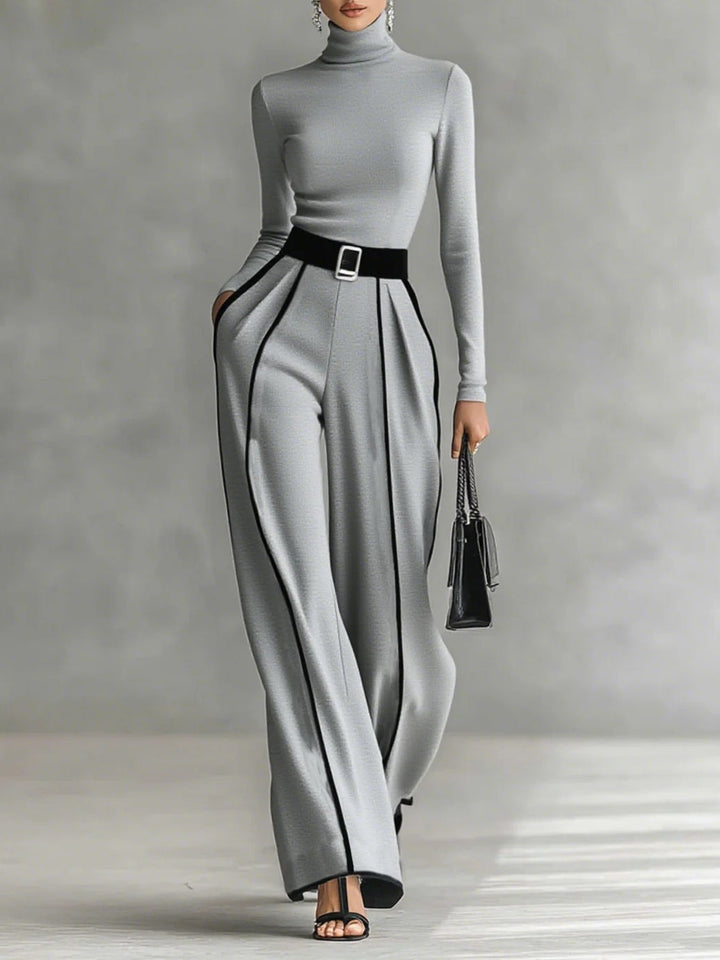 White Trim High-Neck Long Sleeve Top with Wide-Leg Pants and Belt Ensemble