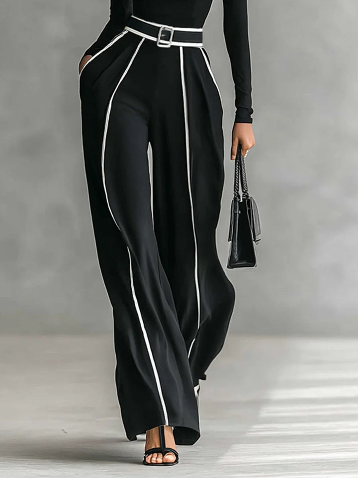 White Trim High-Neck Long Sleeve Top with Wide-Leg Pants and Belt Ensemble