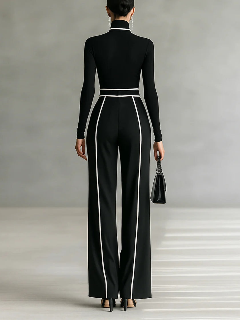 White Trim High-Neck Long Sleeve Top with Wide-Leg Pants and Belt Ensemble