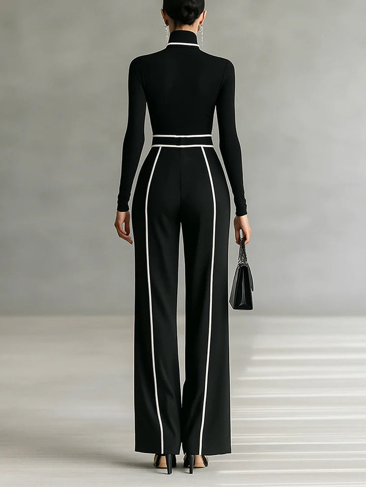 White Trim High-Neck Long Sleeve Top with Wide-Leg Pants and Belt Ensemble