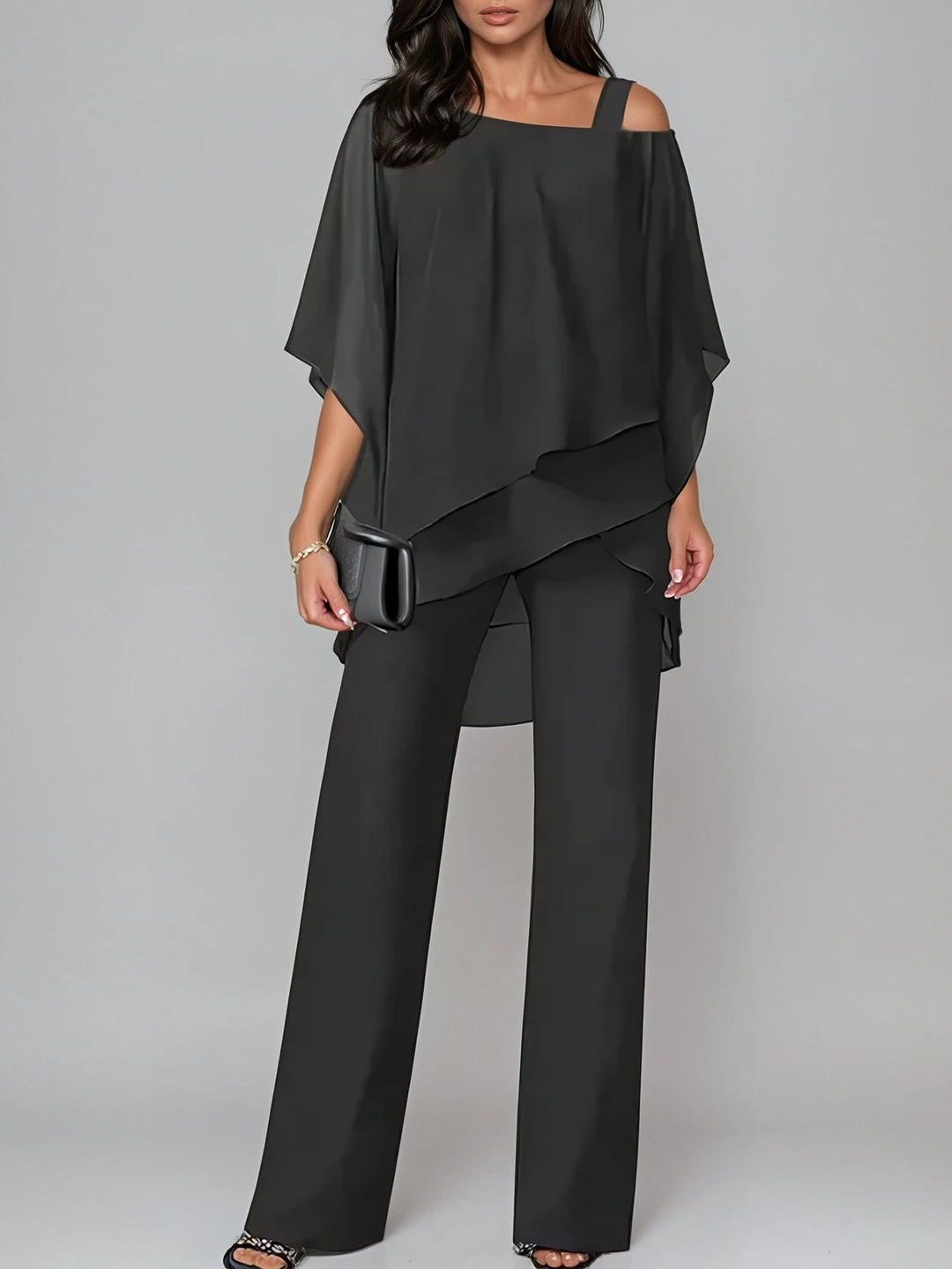 Asymmetrical Off-the-Shoulder Chiffon Set