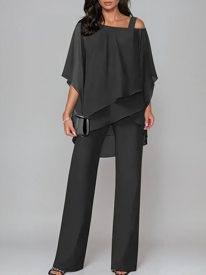 Asymmetrical Off-the-Shoulder Chiffon Set