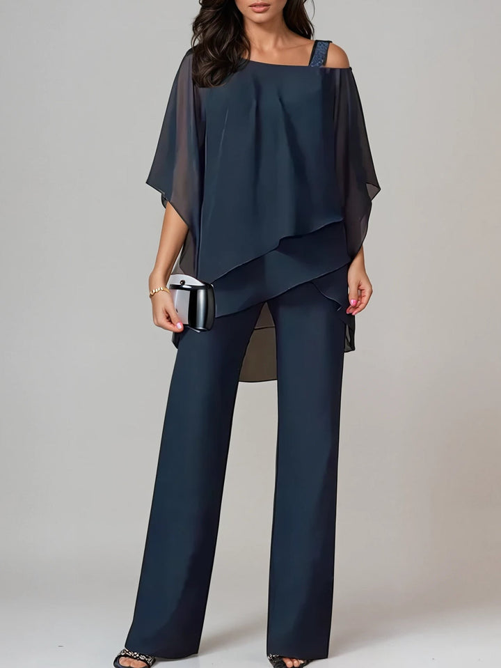 Asymmetrical Off-the-Shoulder Chiffon Set